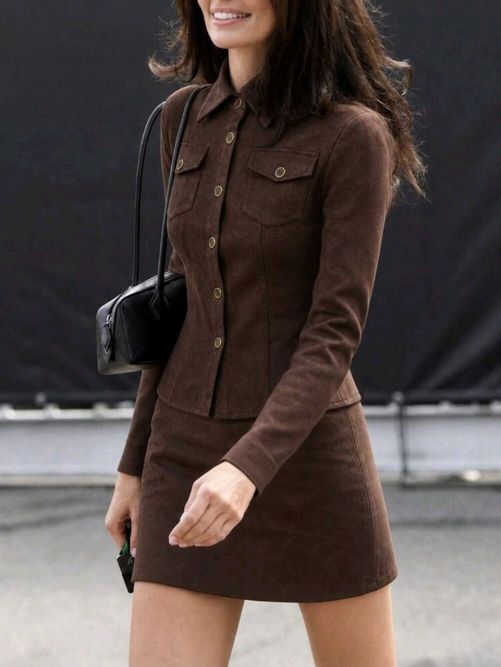 Brown Suede 2-Piece Set, Lapel Pocket Fitted Long Sleeve Top & A-Line Mini Skirt